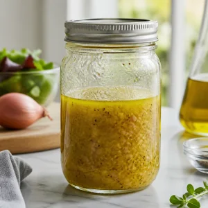 Golden vinaigrette is sealed in a mason jar after vigorous shaking until the dressing is well combined.