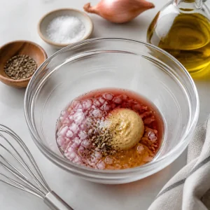 Minced shallots, red wine vinegar, Dijon mustard, honey, salt, and black pepper combined in a glass bowl.