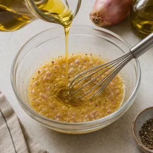Olive oil is drizzled into the shallot Dijon mixture while whisking to form a thick golden emulsion.
