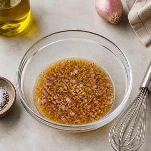 The shallot and Dijon vinegar mixture rests in a glass bowl to soften the shallots and dissolve the salt.