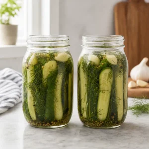 Filled jars of garlic dill pickles cooling uncovered on the kitchen counter