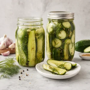 Finished garlic dill refrigerator pickles in mason jars with crisp cucumber spears