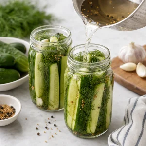 Hot brine poured over cucumber packed jars until the pickles are submerged