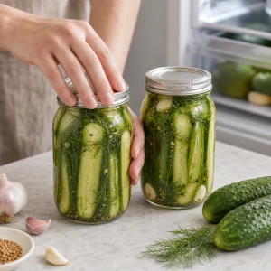 Lidded jars of garlic dill refrigerator pickles ready to chill for twenty four hours