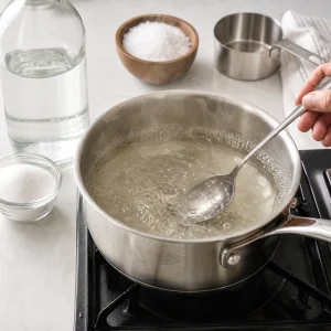 Vinegar water salt and sugar simmering into a clear pickling brine