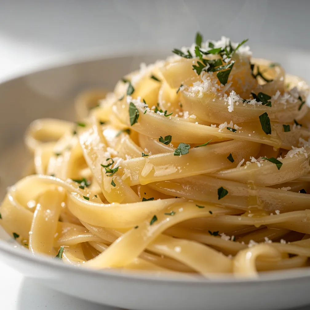 A white bowl filled with golden, buttery egg noodles topped with fresh herbs and Parmesan cheese