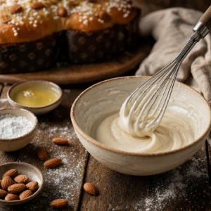Beurre et sucre cremes dans un bol pour koulourakia