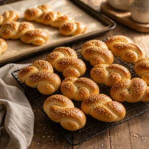Koulourakia dores refroidissant sur une grille