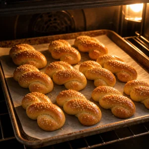 Koulourakia cuisant au four jusqu a etre dores