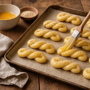 Koulourakia crus badigeonnes d oeuf et parsemes de sesame