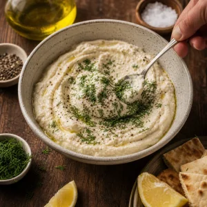 Chopped dill stirred into creamy taramasalata