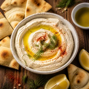 Finished taramasalata with olive oil and pita