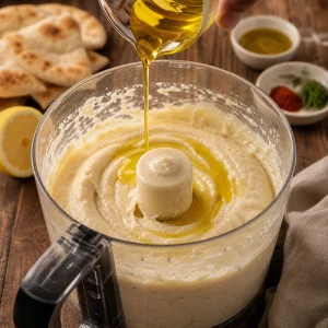 Olive oil drizzled into glossy taramasalata