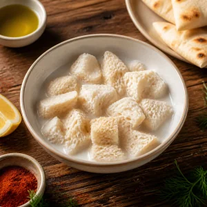 Torn white bread soaking in a small bowl