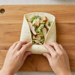 A tortilla folded at the sides and rolled tightly around chicken Caesar filling.