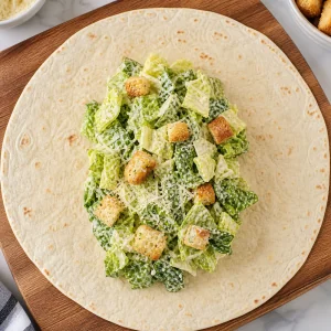 Caesar salad mixture placed in the center of an open flour tortilla.