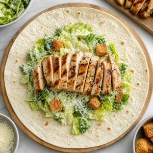 Sliced grilled chicken layered over Caesar salad inside an open tortilla.