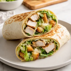 The finished chicken Caesar wrap sliced diagonally and ready to serve.