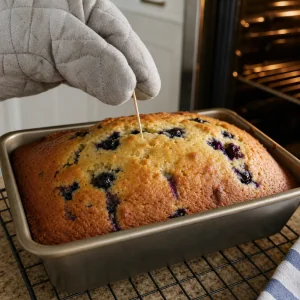 Baked blueberry lemon loaf checked with a toothpick