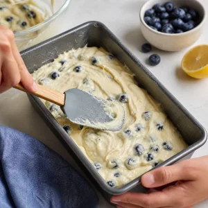 Blueberry lemon batter smoothed in a loaf pan with a spatula