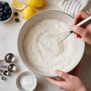 Flour baking powder and salt whisked together in a bowl
