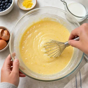Smooth lemon batter whisked with melted butter sugar eggs and milk