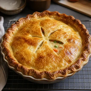 Baked chicken pot pie resting with golden flaky crust