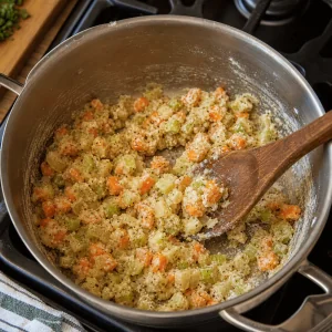 Flour and seasonings stirred into softened vegetables