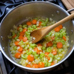 Onion celery and carrots sauteed in melted butter
