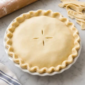 Top pie crust sealed and slit before baking