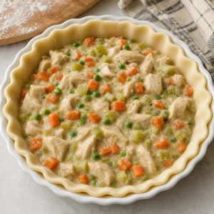 Warm chicken pot pie filling poured into bottom pie crust