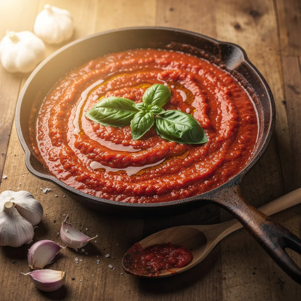 Una sartén con salsa marinara roja fresca decorada con albahaca y aceite de oliva