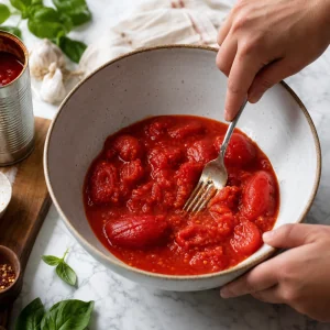 Pomidory z puszki rozgniecione w misce na domowy sos marinara