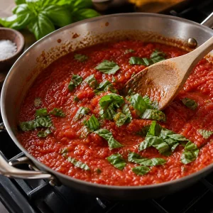 Świeżo porwana bazylia wmieszana do gotowego sosu marinara