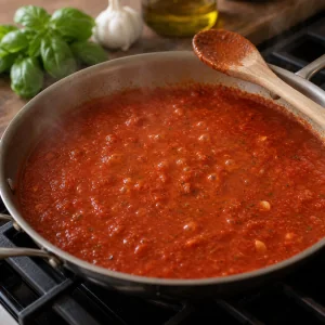 Sos marinara doprowadzony do delikatnego pyrkania na patelni
