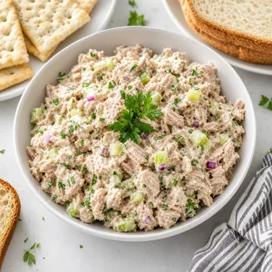 Classic homestyle tuna salad with celery, red onion, parsley, and crackers