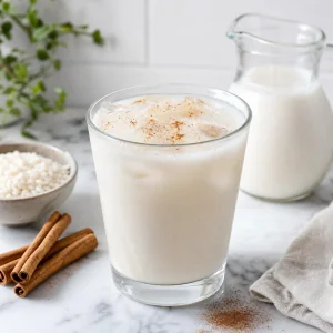 Glass of creamy horchata over ice with cinnamon