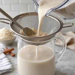 Horchata base pouring through a sieve into a pitcher