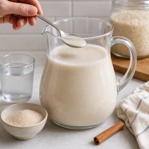 Spoon tasting horchata beside sugar and cold water