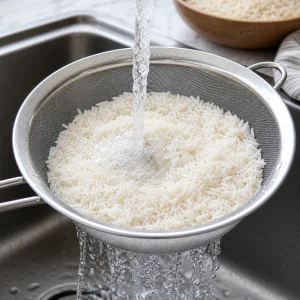 White rice rinsing in a fine-mesh sieve