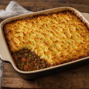 Pastel de pastor horneado con cobertura dorada de patata y bordes burbujeantes