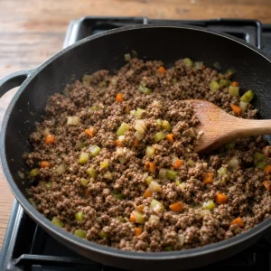 Cordero picado dorándose junto a verduras tiernas en una sartén