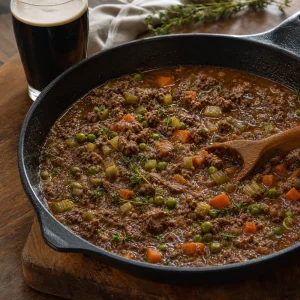 Relleno de cordero con Guinness hirviendo suavemente con guisantes, tomillo y verduras