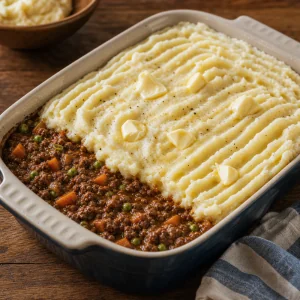 Relleno de cordero cubierto con puré de patata estriado en una fuente