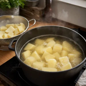 Trozos de patata cociéndose en agua salada con patatas escurridas al lado