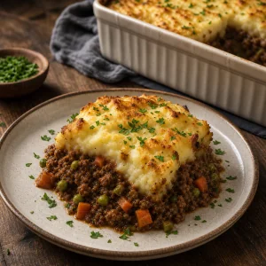 Porción servida de pastel de pastor con cordero, verduras, perejil y puré dorado