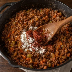 Pasta de tomate y harina mezcladas con el relleno de cordero dorado