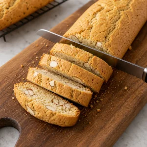 Rolo dourado de biscotti de amêndoa fatiado na diagonal com faca serrilhada