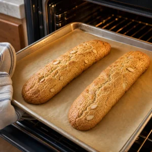 Rolos de biscotti de amêndoa dourados após a primeira cozedura na assadeira