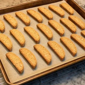 Biscotti de amêndoa fatiados dispostos com o lado cortado para baixo para a segunda cozedura